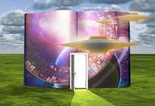 Illustration of open book with door in the middle and science fiction elements floating around