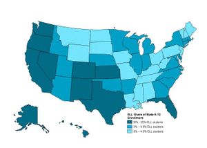 Map of the United States that shows the percentage of K-12 English language learners enrolled by state.