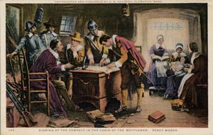 Postcard of the painting, "Signing of the Compact in the Mayflower", by artist Percy Moran