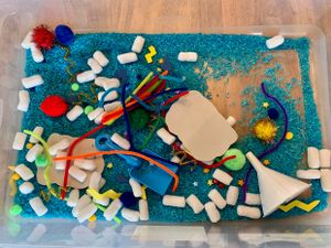 A bin of sensory objects and rice.