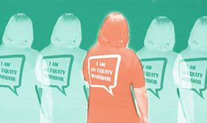 An orange silhouette of a person wearing a t-shirt that says "I am an Equity Warrior" on the back. To the left and to the right are two more of the same silhouettes, but in green.