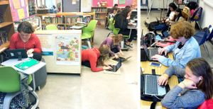 A collage of two images of students working in a classrooom