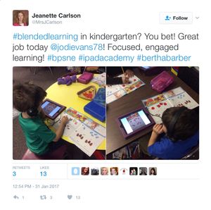 Screenshot of a teacher’s tweet and photos showing blended learning in kindergarten