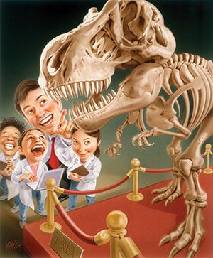 Illo of students and teacher wearing lab coats looking at dinosaur T-Rex bones in a museum