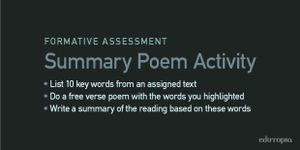 Summary Poem Activity: List 10 key words from an assigned text; do a free verse poem with the words you highlighted; write a summary of the reading based on these words
