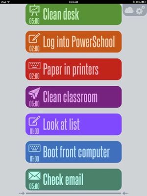 Screen grab of schedule using big colorful buttons: Clean desk; Log into PowerSchool; Paper in printers; Clean classroom; Look at list; Boot front computer; Check email