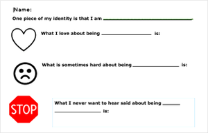 A handout with a space for the student's name and question: One piece of my identity is that I am . . . A heart and question: What I love about being . . . is . . . A frown face and question: What is sometimes hard about being . . . is . . . A stop sig