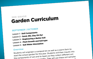 A paper with 3rd Grade Garden Curriculum for September and October. Lesson 1 - Soil Components; Lesson 2 - Sand, Silt, Clay Oh My!; Lesson 3 - Engineering a Better Soil; Lesson 4 - Plant Growth and Soil Type; Lesson 5 - Soil Water Absorption; Overview