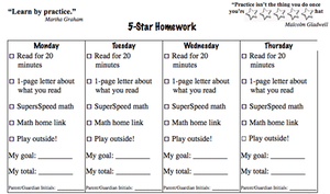 Homework plan for Monday through Thursday