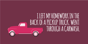 "I left my homework in the back of a pickup truck. Went through a carwash."