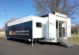 The exterior of a double-expandable trailer that says, "Mobile exploration lab for science and technology education."