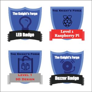 Four badges from the author’s makerspace, labeled LED Badge, Level 1 Raspberry Pi, Level 1 3D Design, and Buzzer Badge