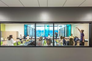 Glass classroom windows at Campus International School in Cleveland, Ohio.